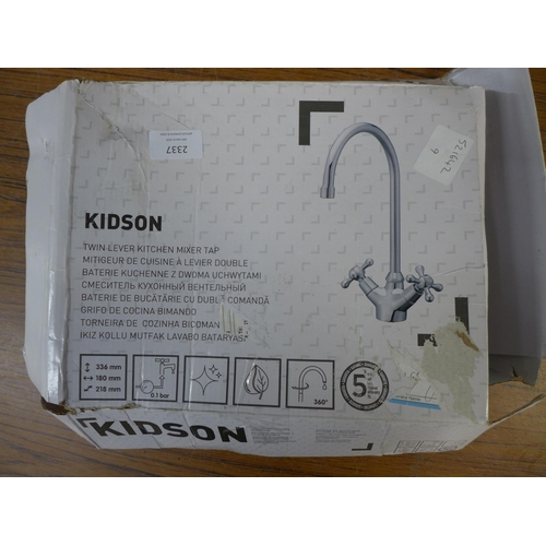 2337 - A Kidson twin lever stainless steel kitchen mixer tap with tap hoses and fittings