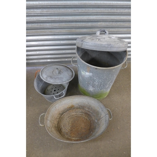 2237 - A selection of galvanised steel items including two dustbins with lids, a wash bucket and a galvanis... 