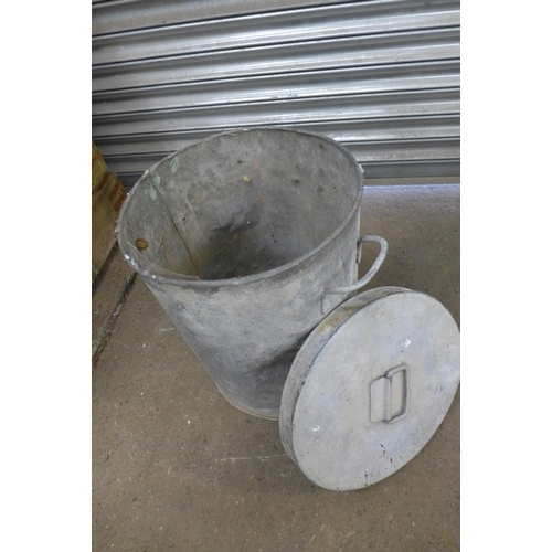 2237 - A selection of galvanised steel items including two dustbins with lids, a wash bucket and a galvanis... 