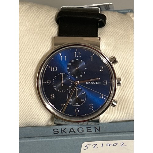 2114 - A men's Skagen chronograph multi-function wristwatch with blue dial and black leather strap * this l... 