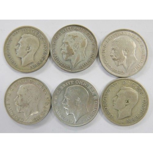 984 - Six florins/two shillings coins, 1920, 1921, 1922, 1926, 1942 and 1943