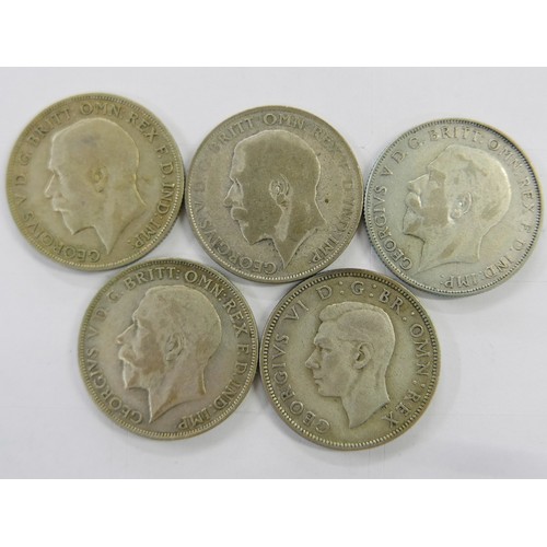 989 - Five florins/two shillings coins, 1921, 1922, 1925, 1926 and 1944