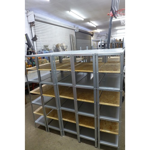 2228 - Five 8 Section metal workshop racking bays with metal and chipboard shelving