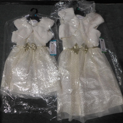 3168 - Two girls Jona Michelle white and gold party dresses with matching boleros  - sizes 4 & 8   * This l... 