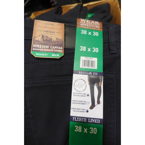 3214 - Quantity of men's navy canvas fleece lined trousers - mixed size. * This lot is subject to VAT