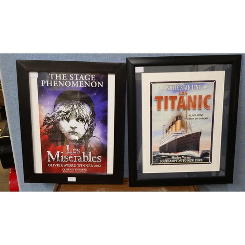 341 - A Titanic print and a Les Miserables print, framed