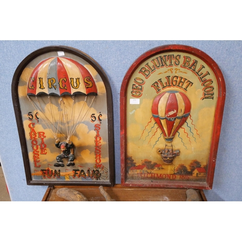 371 - Two wooden hot air balloon circus advertising signs and an abstract wooden art piece