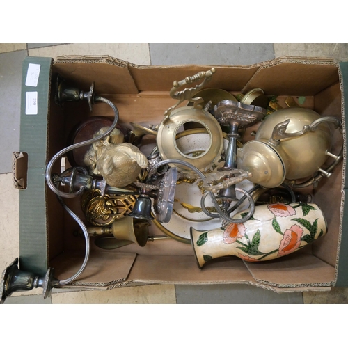 390 - Assorted metal ware, including a pair of silver plated candelabra