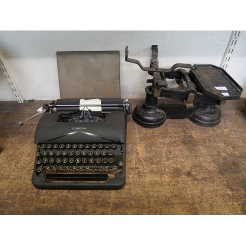 404 - A Corona typewriter and a set of weighing scales