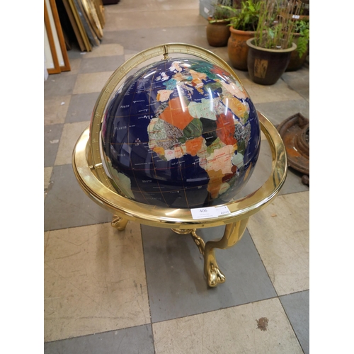 406 - A brass and faux gemstone inlaid terrestrial globe