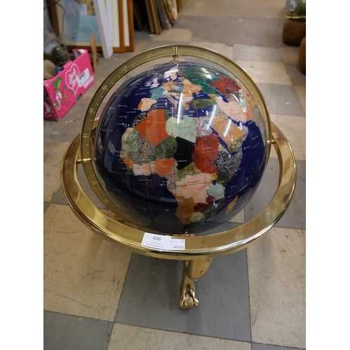 406 - A brass and faux gemstone inlaid terrestrial globe