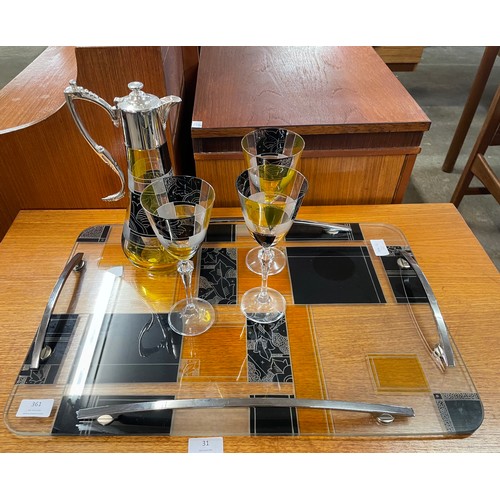 361 - Art Deco style glass cocktail serving tray, claret jug and glasses