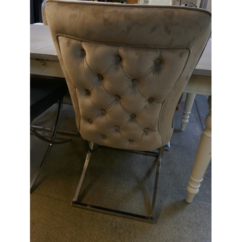 1433 - Four velvet dining chairs, two taupe, two steel blue *This lot is subject to VAT