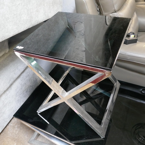 1383 - A Black glass and chrome 'x' base coffee table and lamp table - Boxed *This lot is subject to VAT