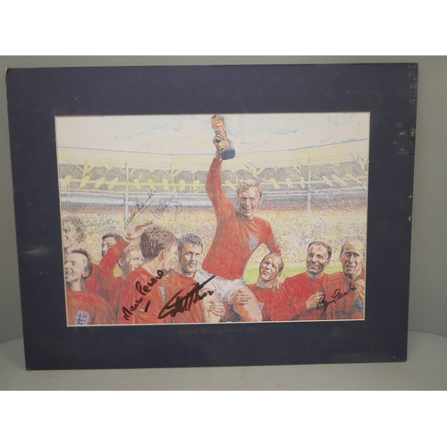 605 - A signed print of the England World Cup Winners 1966; Gordon Banks, Martin Peters, Bobby Charlton, J... 