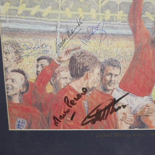 605 - A signed print of the England World Cup Winners 1966; Gordon Banks, Martin Peters, Bobby Charlton, J... 
