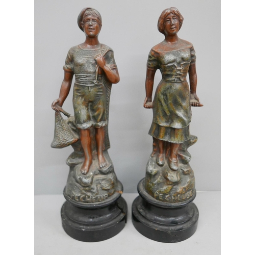 609 - A pair of cold painted spelter figures; Pecheur and Pecheuse, 28cm, one wooden base split