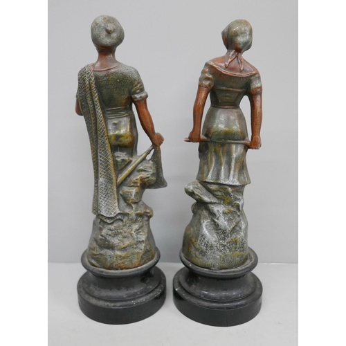 609 - A pair of cold painted spelter figures; Pecheur and Pecheuse, 28cm, one wooden base split