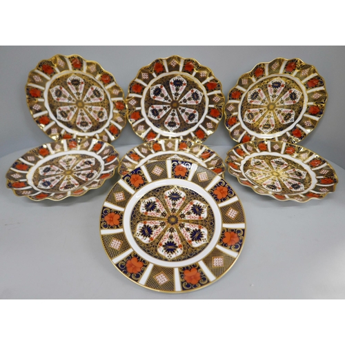 610 - A set of six Royal Crown Derby 1128 wavy edge side plates and one other 1128 circular side plate, 21... 