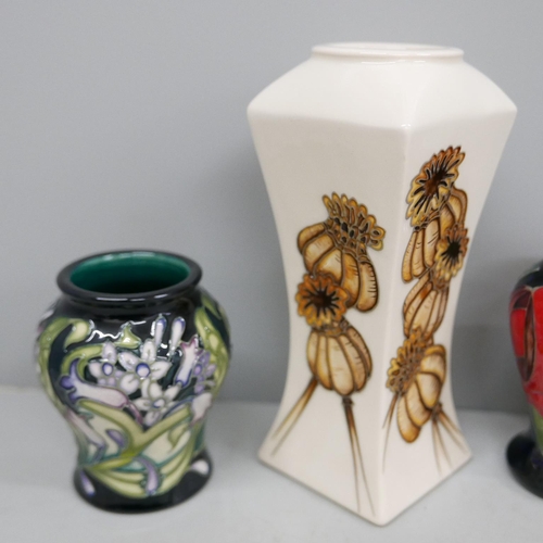 615 - Four Moorcroft vases, Rose Red and Isis, designed by Emma Bossons, Anemone and Flowers of the Future... 
