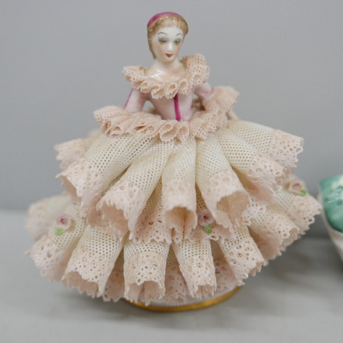 616 - Three crinoline lady figures including Royal Doulton Sunday Best, one figure a/f