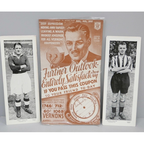 617 - Topical Times football cards (8) and two  Vernons Pools coupons dated December 1937 and other leafle... 