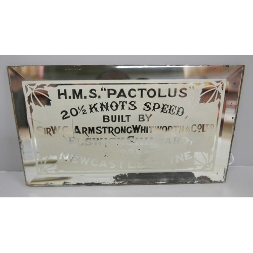 618 - Shipping; an original 19th Century bevelled edge mirror from HMS Pactolus, 26.5cm x 15.5cm with info... 