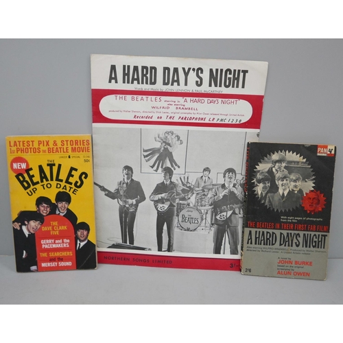 620 - Beatles interest; A Hard Day's Night music and words sheet, two paperback books, The Beatles Up To D... 
