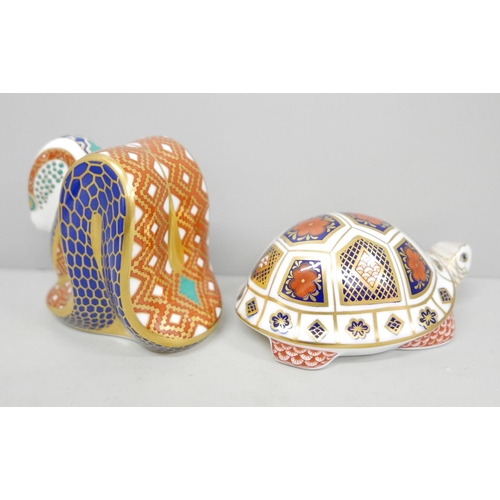 621 - Two Royal Crown Derby paperweights, snake with gold stopper and turtle with fixed stopper
