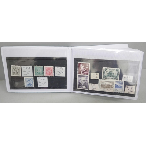 633 - Stamps; a small album of better mint and used European stamps in sets and singles on 27 no. stockcar... 
