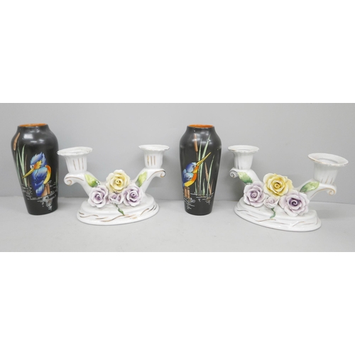 637 - A pair of Shelley Kingfisher vases and a pair of floral twin candlesticks