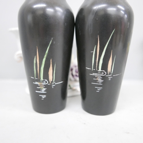 637 - A pair of Shelley Kingfisher vases and a pair of floral twin candlesticks