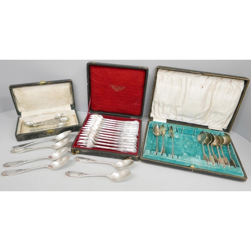 655 - A cased set of twelve continental white metal forks, marked Cristofle, six similar spoons marked Erc... 