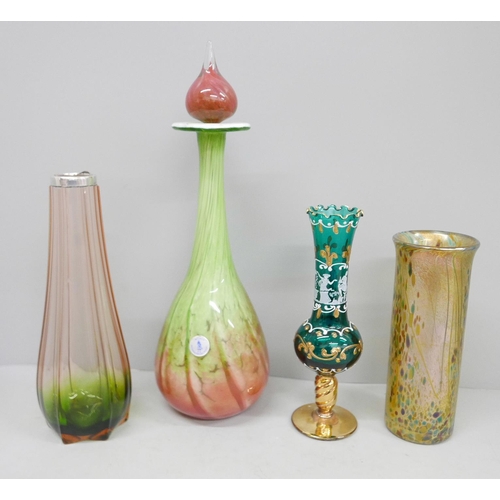 660 - Four pieces of glassware including a Mtarfa decanter and an Isle of Wight vase