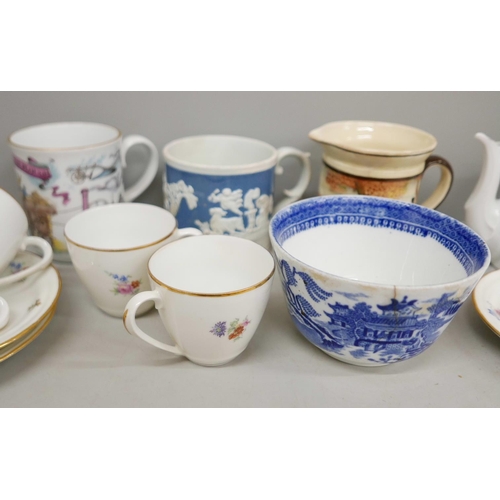 670 - Six French coffee cups and saucers, a Royal Doulton jug, a/f, a blue and white relief mug, a teapot,... 