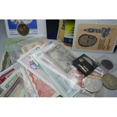672 - Bank notes; world banknotes and coins in box