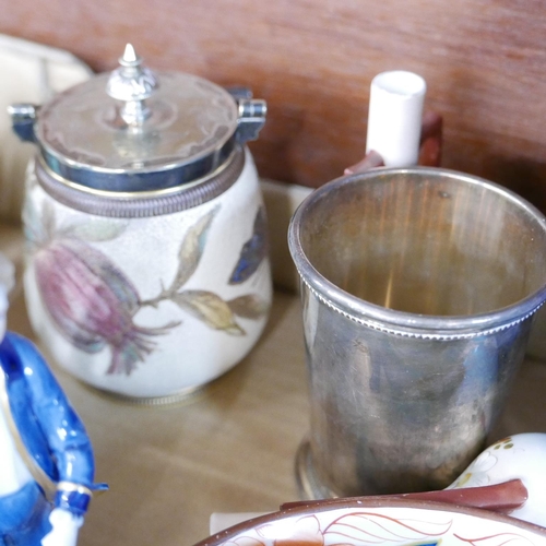 680 - A small 19th Century tobacco jar with plated top, a Wedgwood Jasperware pedestal bowl, three items o... 