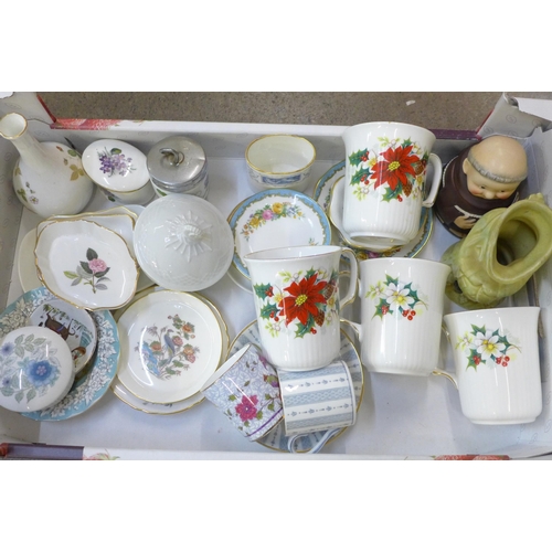 700 - A collection of decorative china, Wedgwood, Coalport and four Royal Albert Christmas mugs