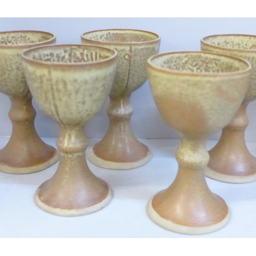 703 - A 1970s Cornish Pottery cheese dish and six goblets
