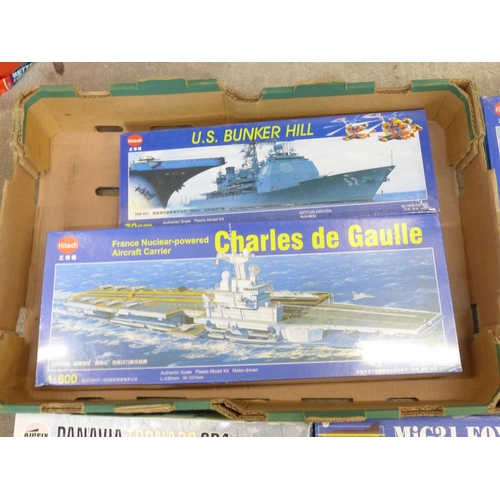 704 - Eight Military model kits, Kitech Enterprise, Charles de Gaulle, SMER Hawker Hurricane, Airfix Panar... 