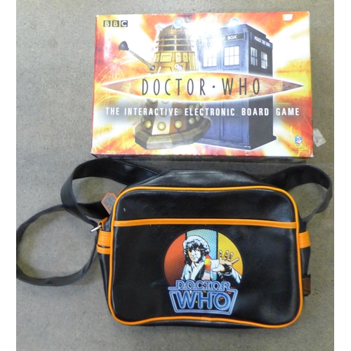 709 - A Doctor Who shoulder bag and a Doctor Who interactive electronic board game