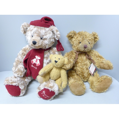 719 - Three Teddy bears; Harrods 1999, Russ and Atlas Editions Teddy