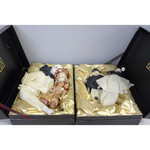 727 - Four costume dolls; three Pierrot and one other, in associated boxes