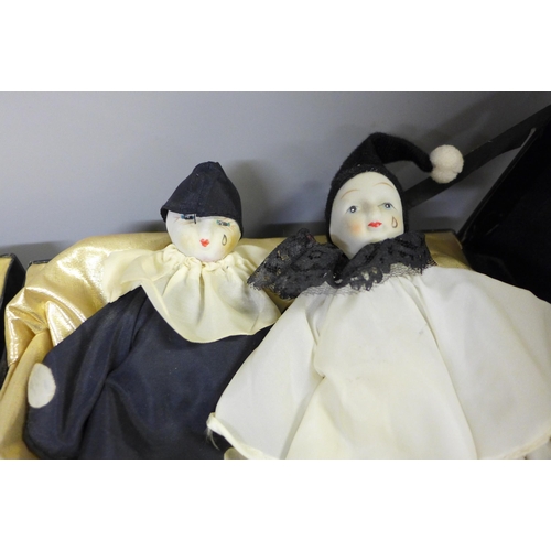 727 - Four costume dolls; three Pierrot and one other, in associated boxes