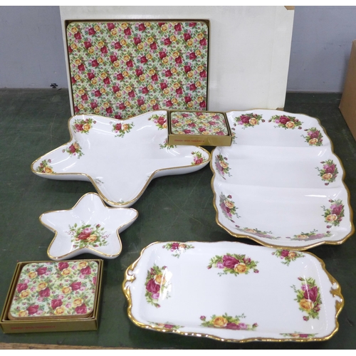 736 - A collection of boxed Royal Albert Old Country Roses and Rose Chintz; one large sandwich platter thr... 