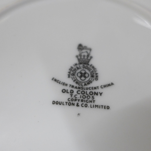 737 - A Royal Doulton Old Colony six setting dinner and tea service, small chip to teapot spout, one cup a... 
