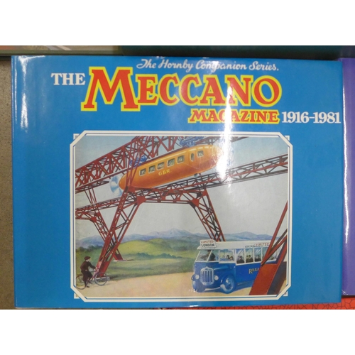 757 - A box containing Meccano and train books and Meccano instruction booklets