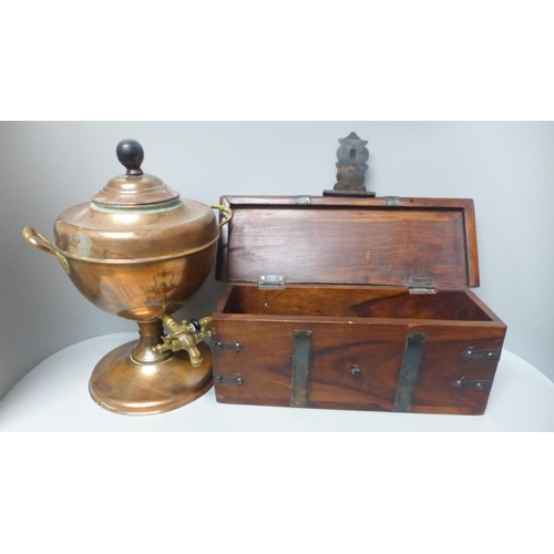 760 - A Victorian brass and copper samovar and a wooden and iron bound chest
