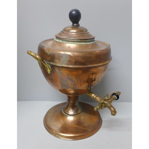 760 - A Victorian brass and copper samovar and a wooden and iron bound chest