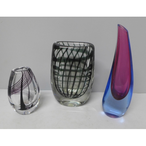 761 - Three glass vases; Magnor Norway, Kosta and Murano